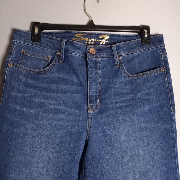 Seven7 Women's Tower Straight Cropped Frayed Hem Medium Dark Wash Jeans Size 14 - Picture 4 of 9